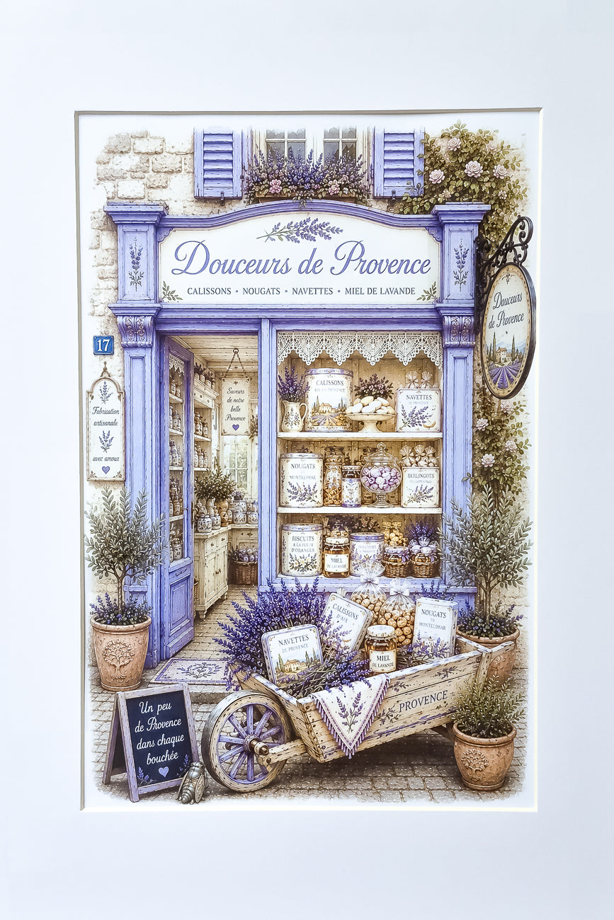 Affiche A4 illustrée vitrine boutique Douceurs de Provence vue de face. Impression hd sur carton 200 g