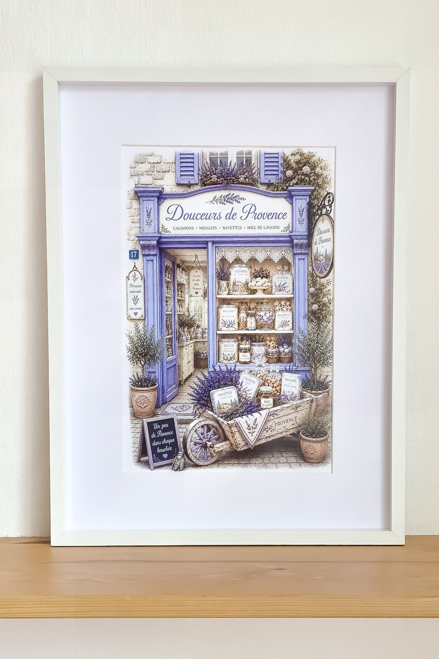 Affiche A4 illustrée vitrine boutique Douceurs de Provence mise en situation. Impression hd sur carton 200g
