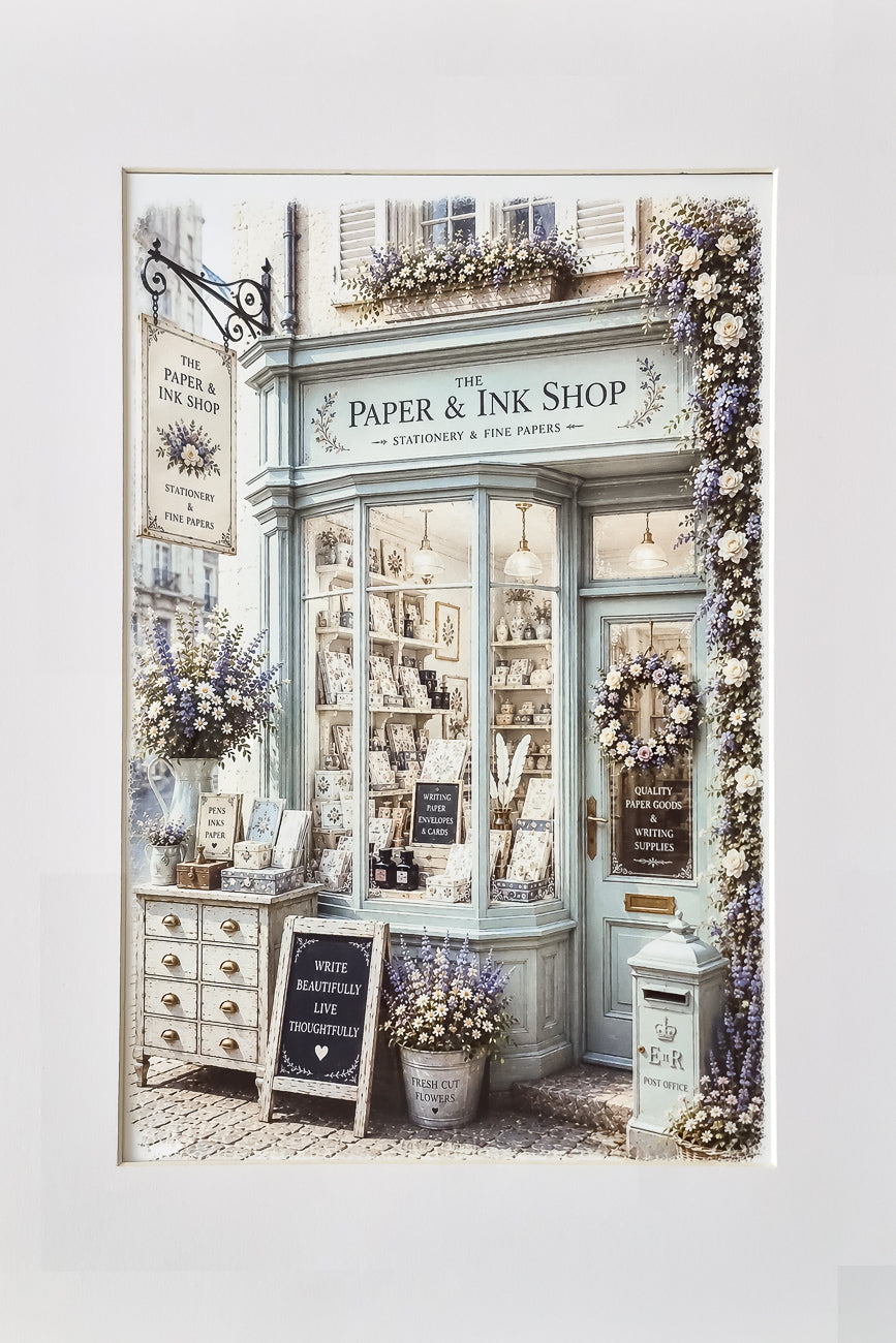 Affiche illustrée d'une vitrine de papeterie anglaise The Paper & Ink Shop vue de face. Impression hd sur carton 200 g.