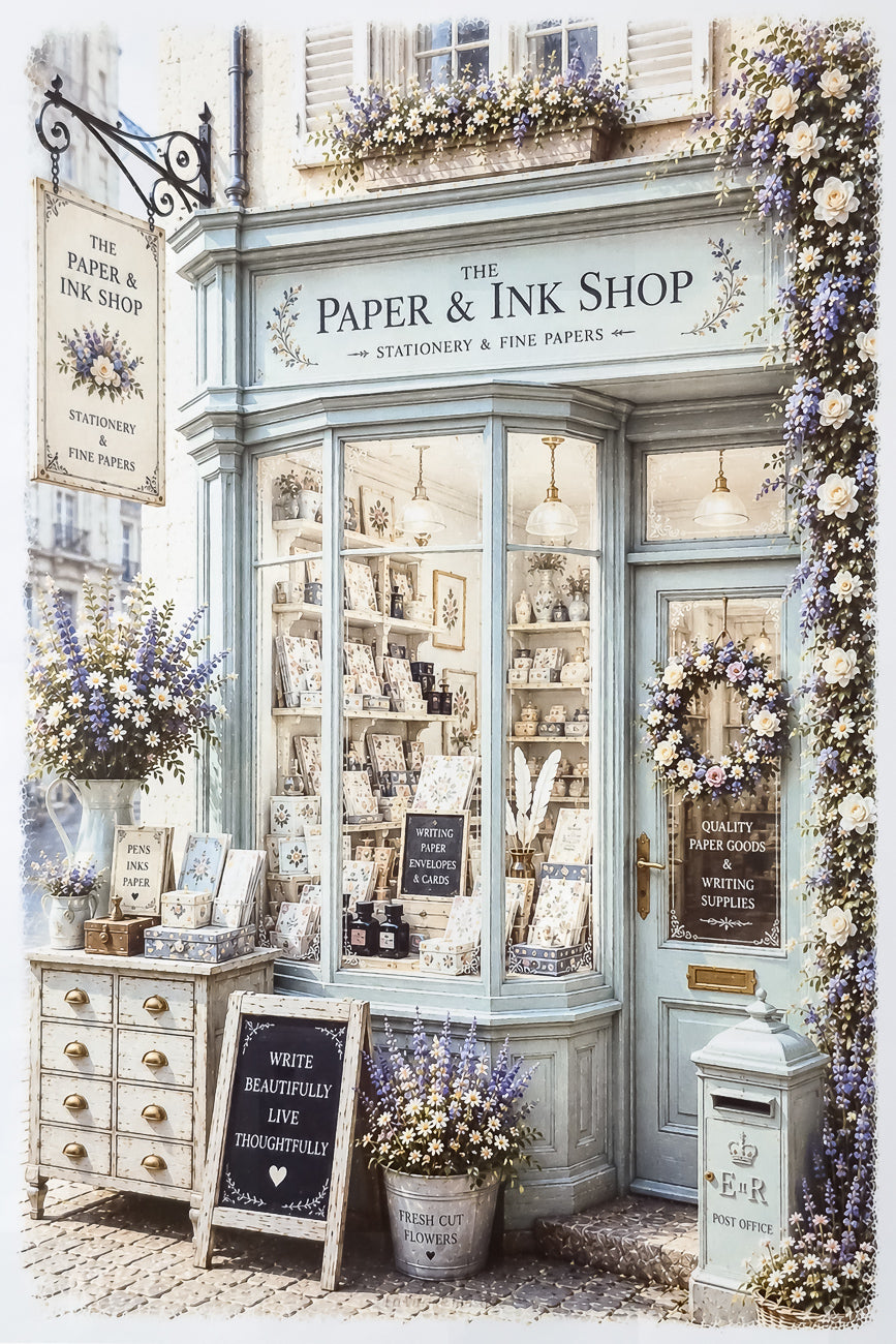 Affiche A4 illustrée  d'une papeterie anglaise The Paper & Ink Shop. Impression HD sur carton 200 g. 