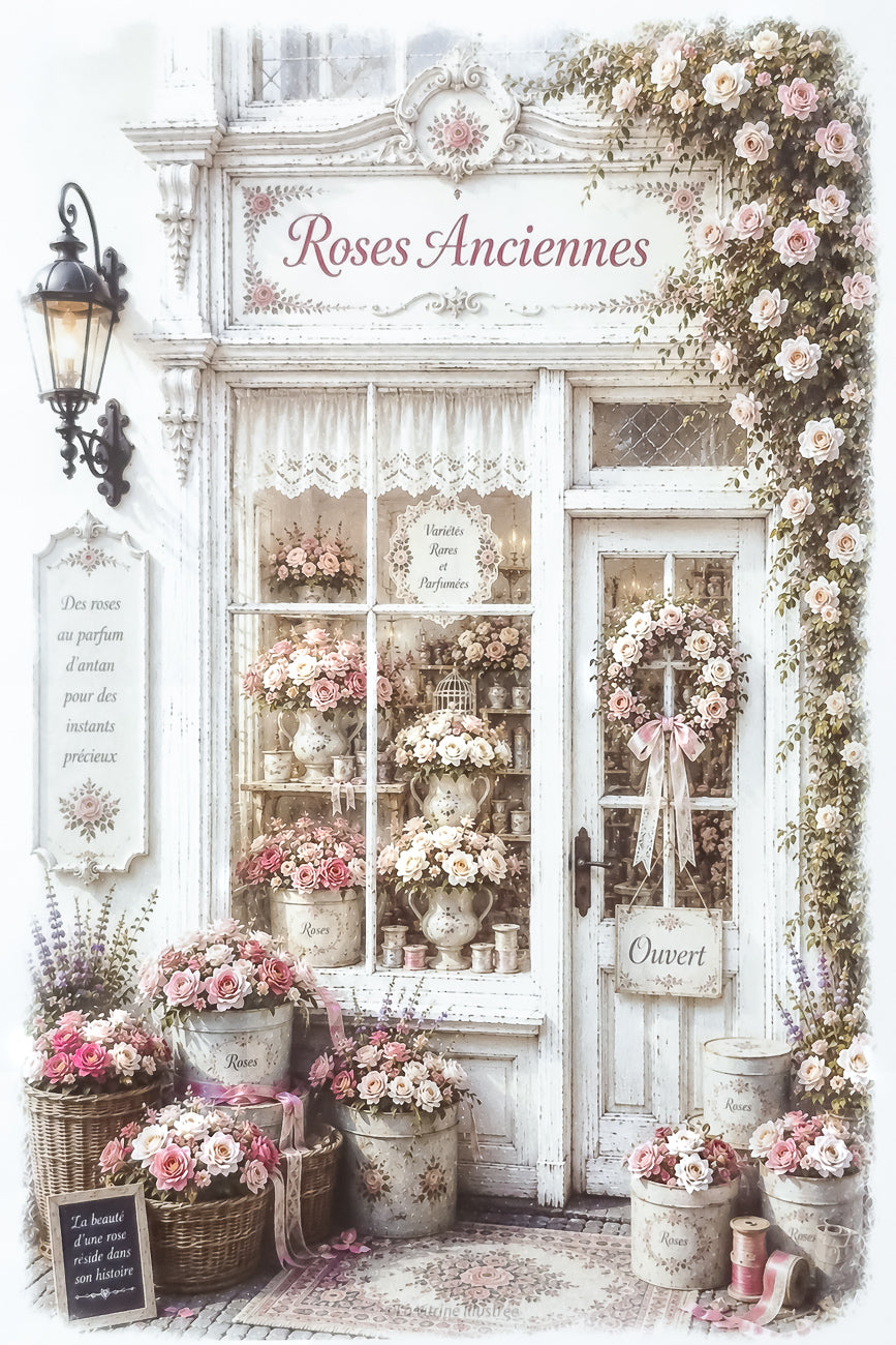 Affiche A4 d'une vitrine de fleuriste Roses Anciennes. Impression HD sur carton 200 g.