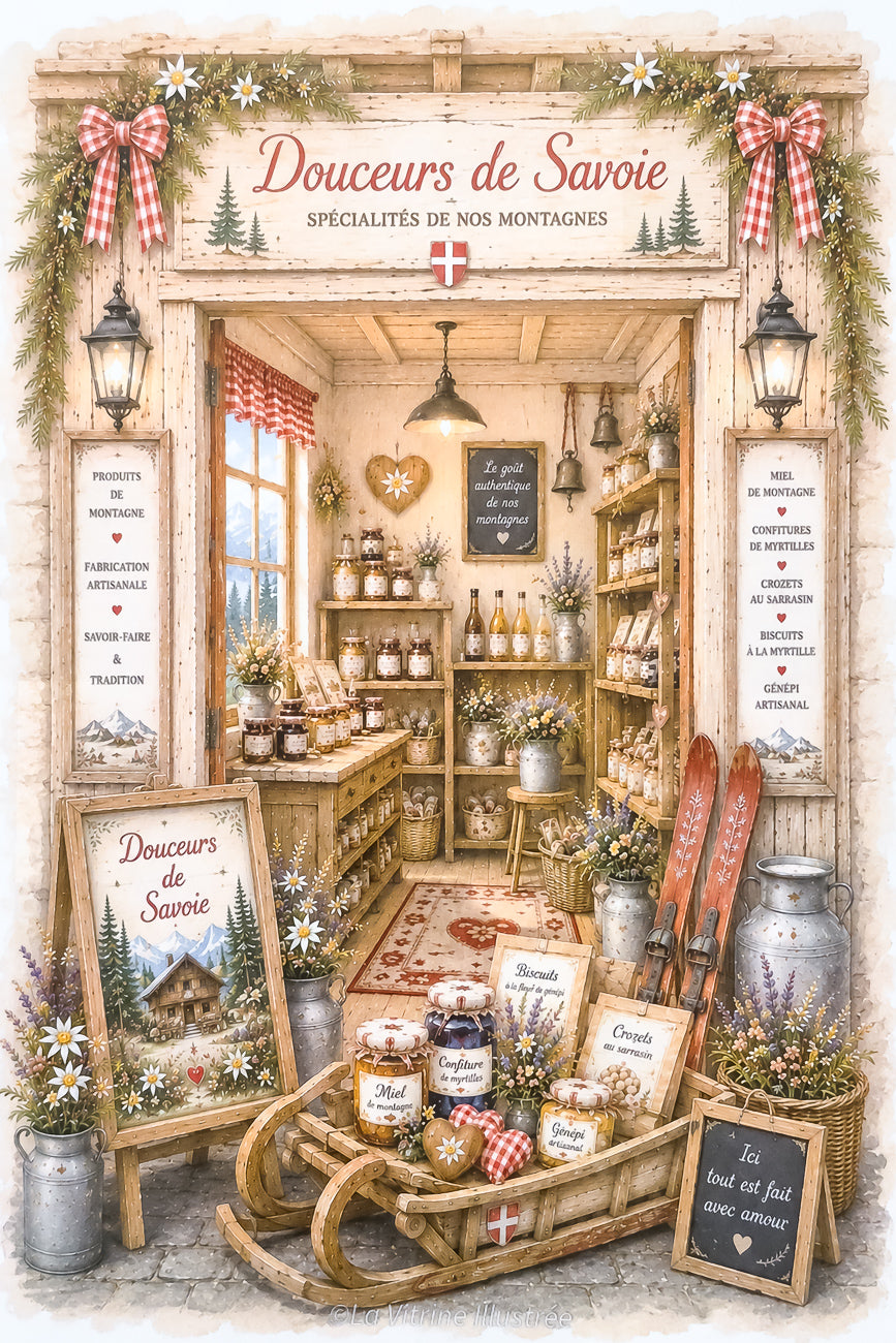 Affiche A4 illustrée vitrine boutique Douceurs de Savoie. Impression hd sur carton 200g