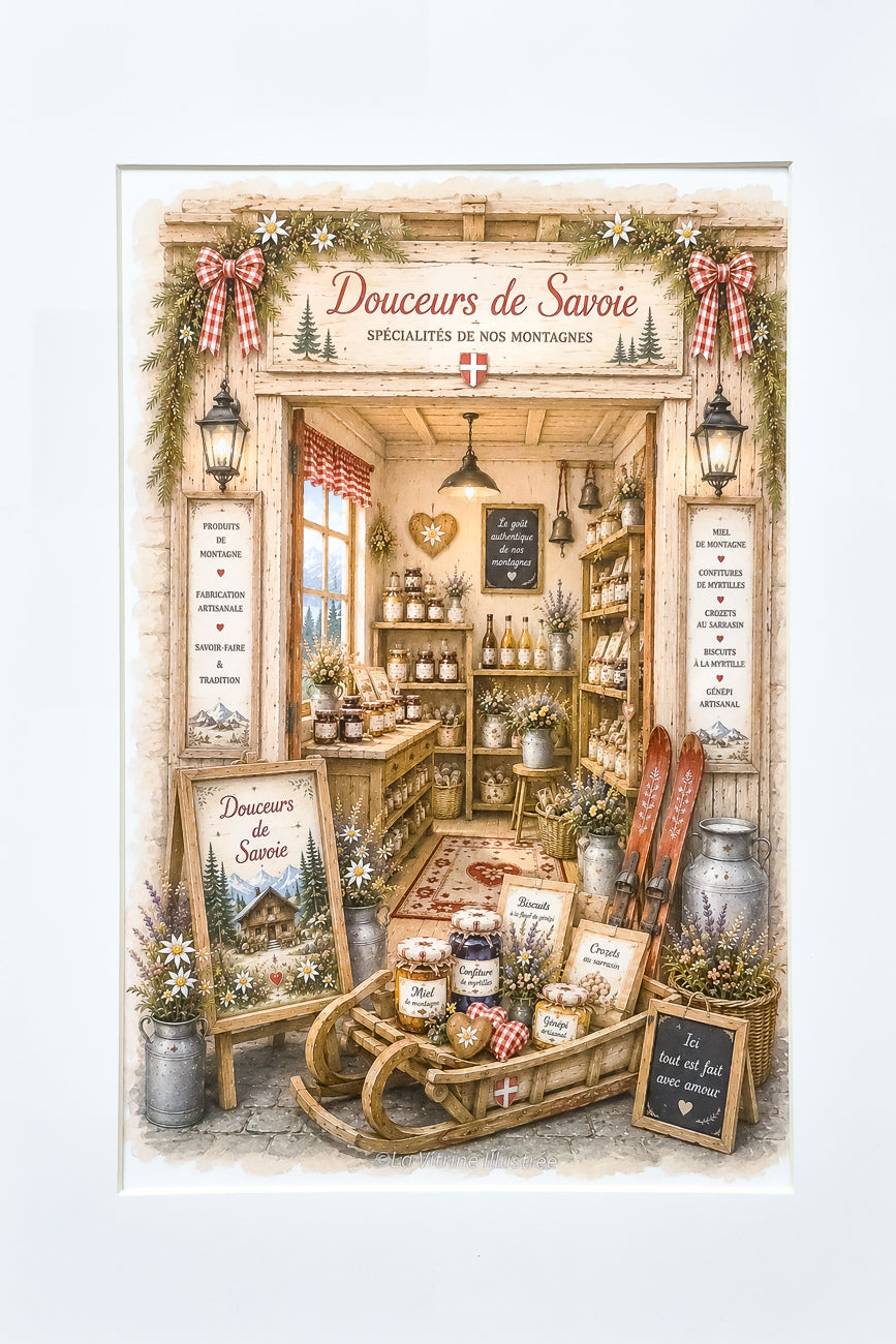 Affiche A4 illustrée vitrine boutique Douceurs de Savoie  vue de face. Impression hd sur carton 200 g