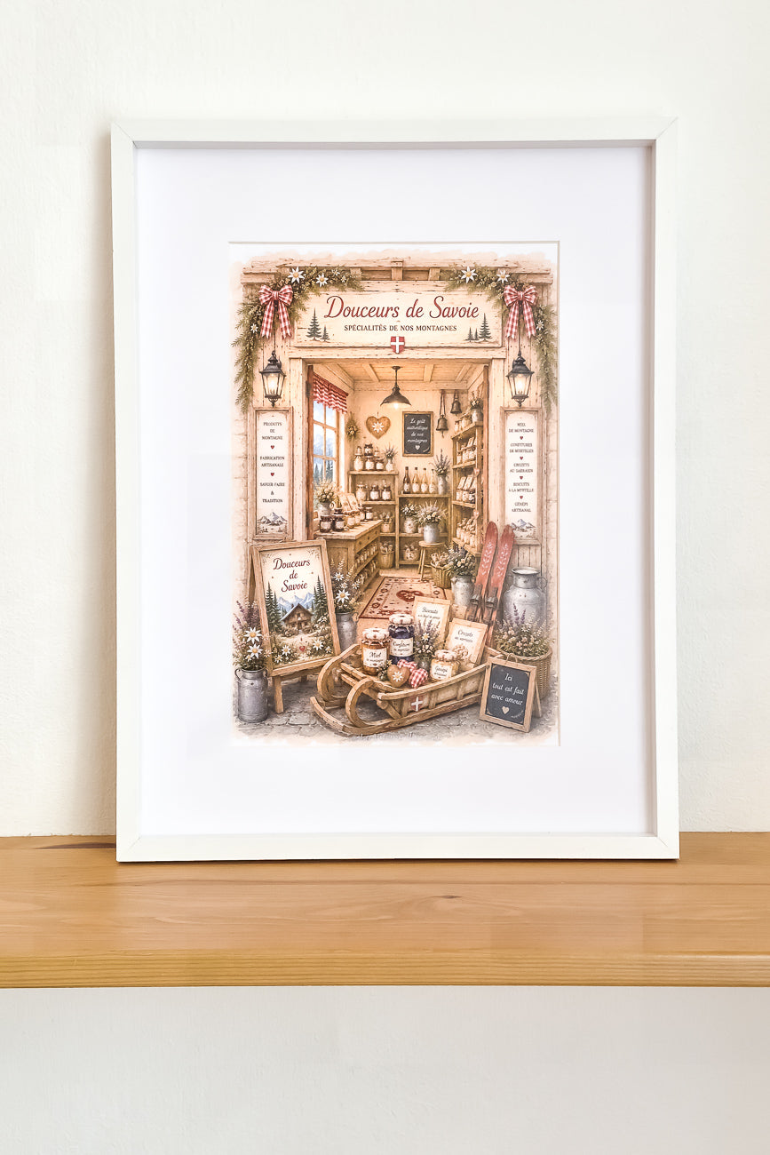 Affiche A4 illustrée vitrine boutique Douceurs de Savoie mise en situation. Impressio  hd sur carton 200 g