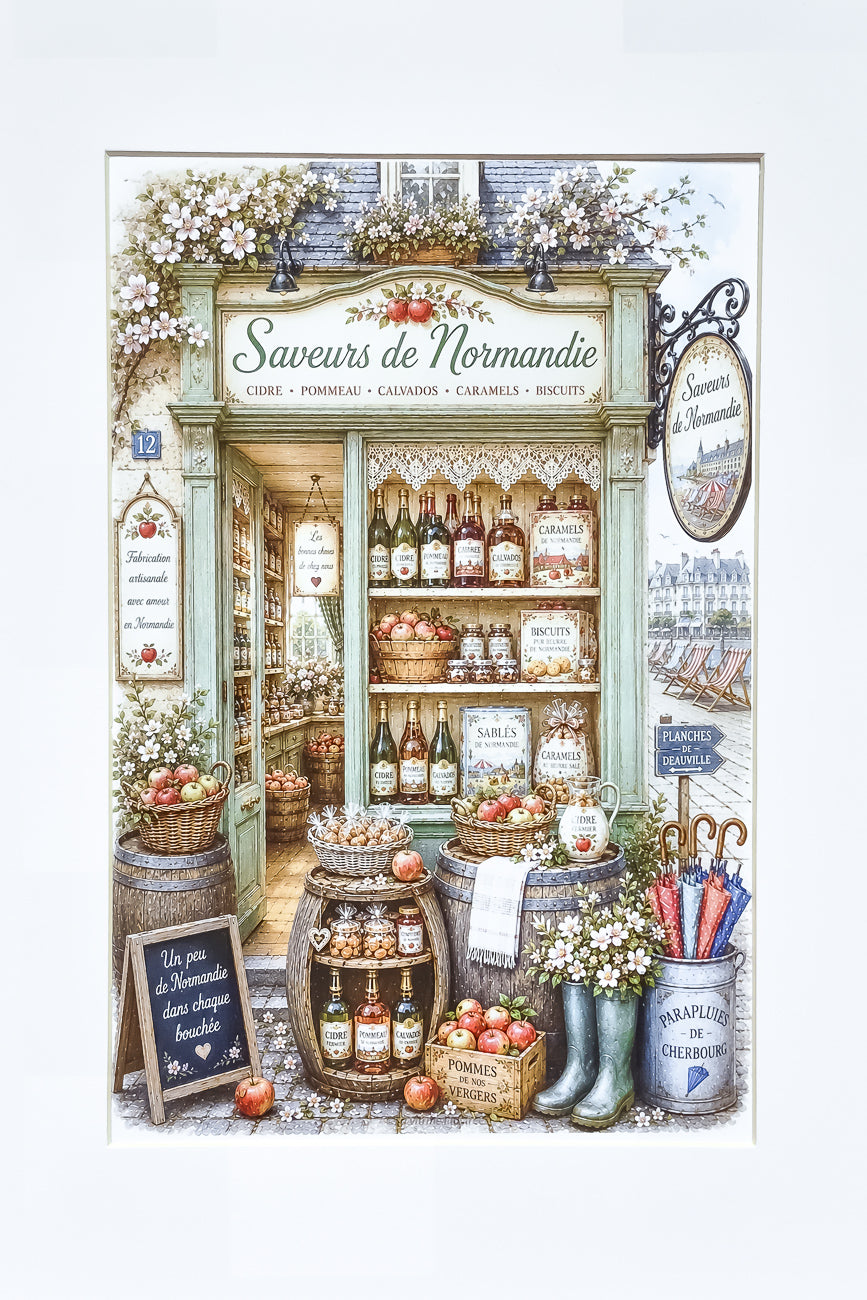 Affiche A4 illustrée vitrine boutique spécialités régionales Normandie vue de face. Impression HD sur carton 200 G.