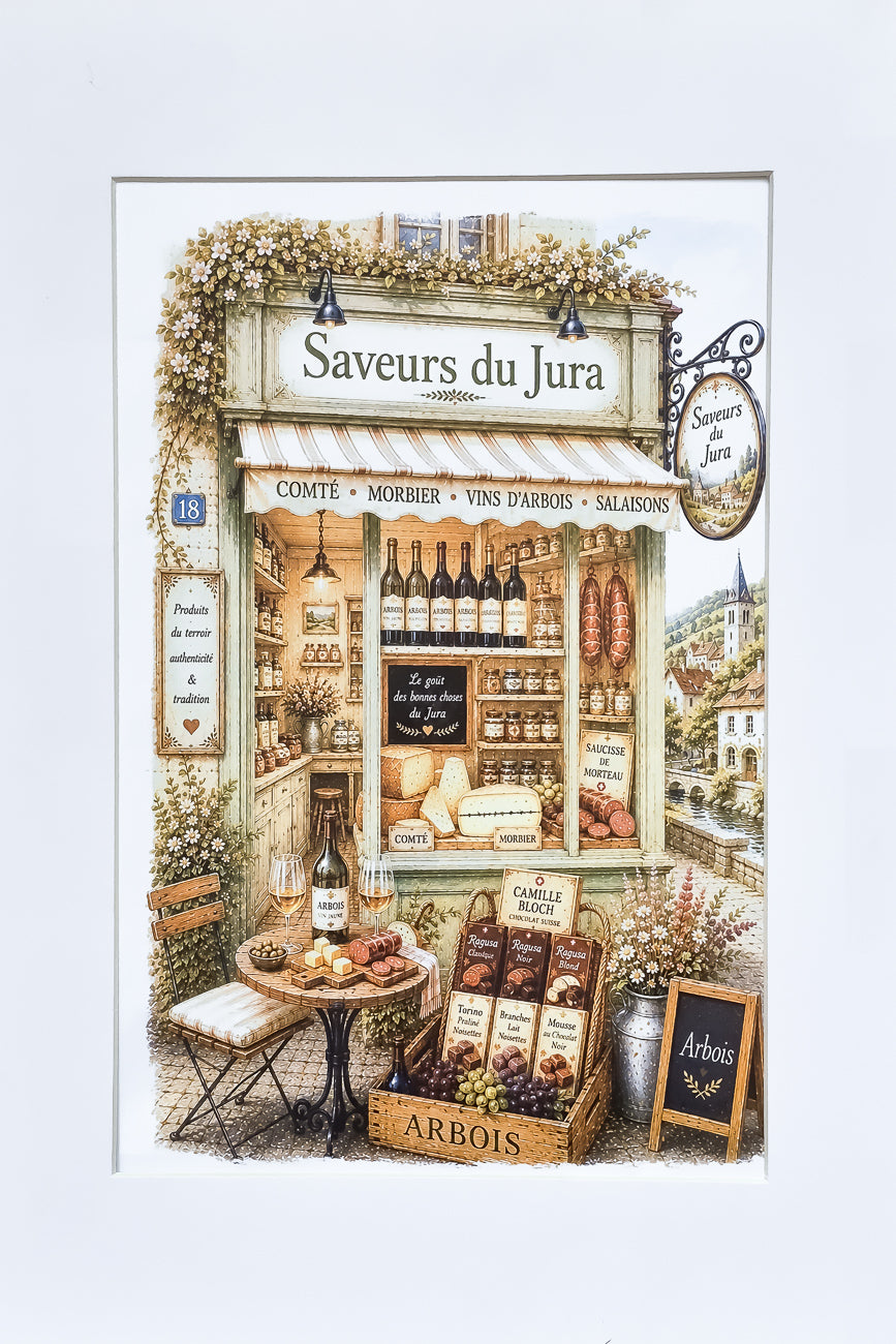 Affiche A4 d'une vitrine de boutique de spécialités du Jura vue de face. Impression HD sur carton 200 g.