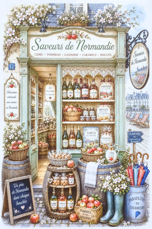 Affiche A4 illustrée vitrine boutique spécialités régionales Normandie. Impression HD sur carton 200 G.