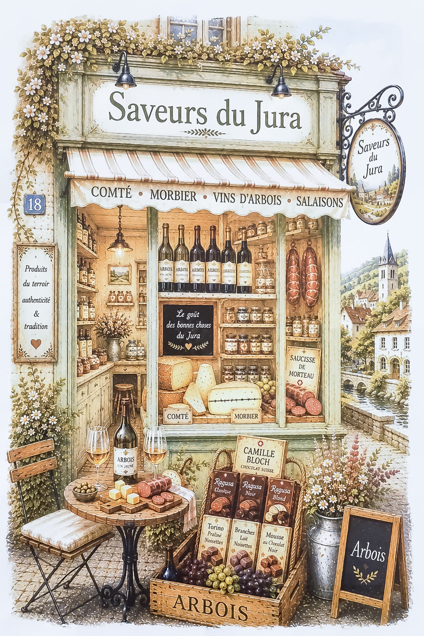 Affiche A4 d'une vitrine de boutique de spécialités du Jura. Impression HD sur carton 200 g.