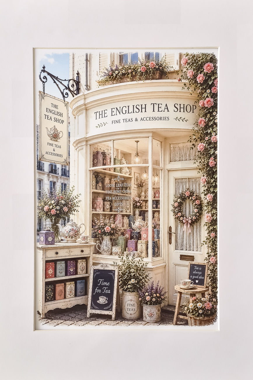 Affiche illustrée A4 d'une vitrine de boutique de thés anglaise vue de face, The English Tea Shop. Impression HD sur carton 200 g.