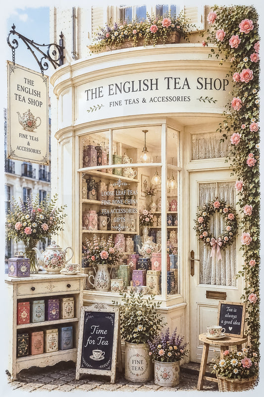 Affiche illustrée A4 d'une vitrine de boutique de thés anglaise The English Tea Shop. Impression HD sur carton 200 g.