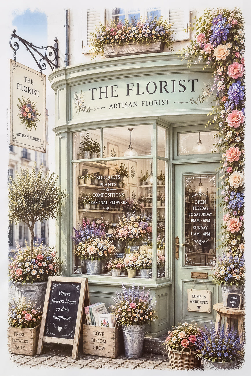 Affiche illustrée A4 d'une vitrine de fleuriste anglais The Florist. Impression HD sur carton 200 g.