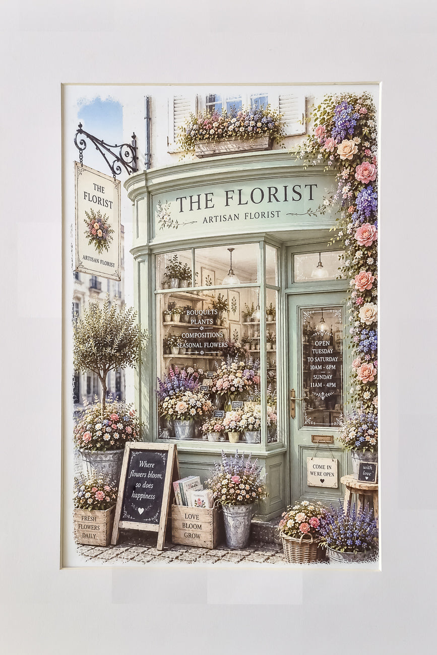 Affiche illustrée A4 d'une vitrine de fleuriste anglais The Florist vue de face. Impression HD sur carton 200 g.
