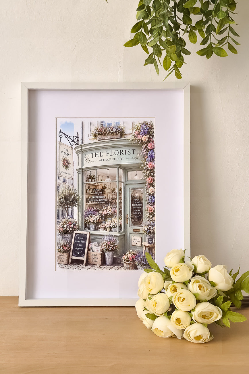 Affiche illustrée A4 d'une vitrine de fleuriste anglais The Florist mise en situation. Impression HD sur carton 200 g.