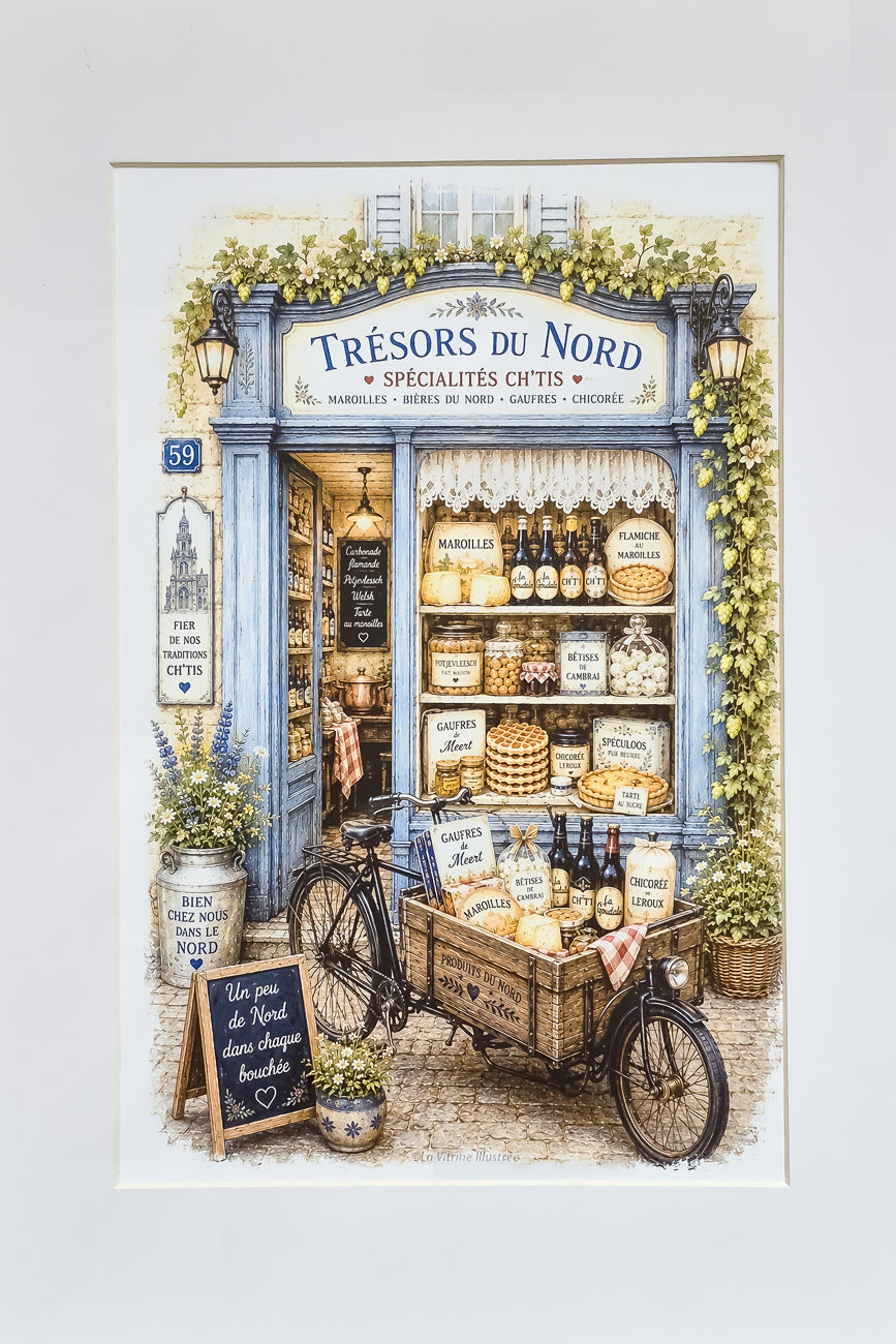 Affiche A4 d'une vitrine de boutique de spécialités du Nord vue de face. Impression HD sur carton 200 g.