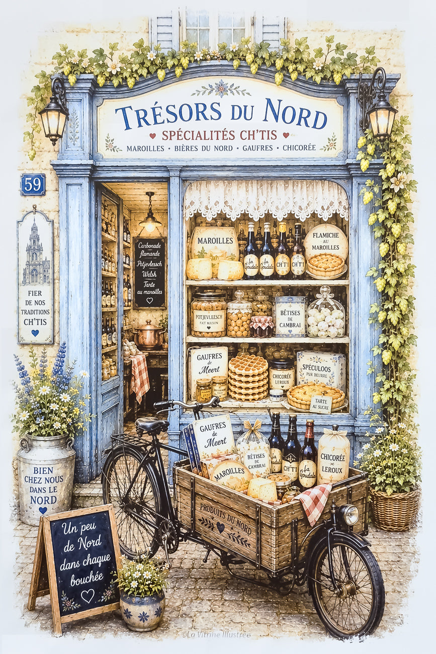 Affiche A4 d'une vitrine de boutique de spécialités du Nord. Impression HD sur carton 200 g.