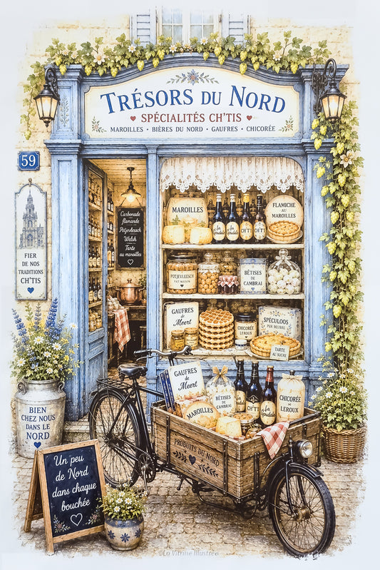 Affiche A4 d'une vitrine de boutique de spécialités du Nord. Impression HD sur carton 200 g.