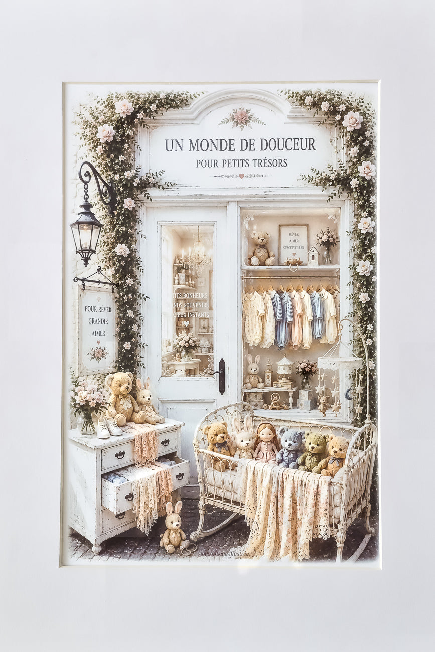 Affiche illustrée A4 d'une vitrine de boutique de puériculture vue de face. Impression HD sur carton 200 g.