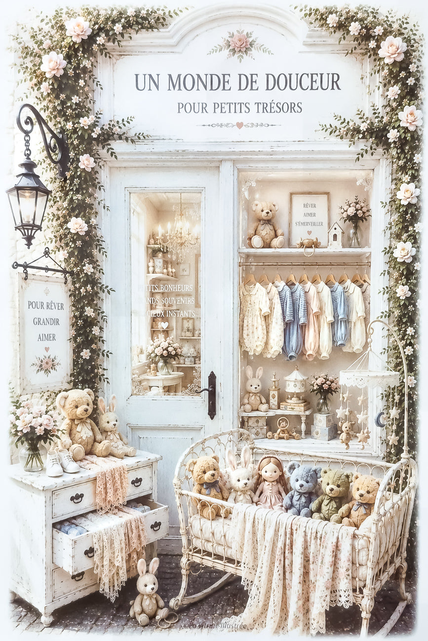 Affiche illustrée format A4 d'une vitrine de boutique de puériculture. Impression HD sur carton 200 g. 