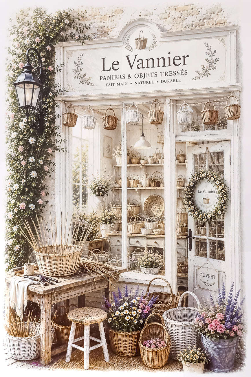 Affiche format A4 d'une vitrine d'un atelier de vannerie. Impression HD sur carton 200 g.