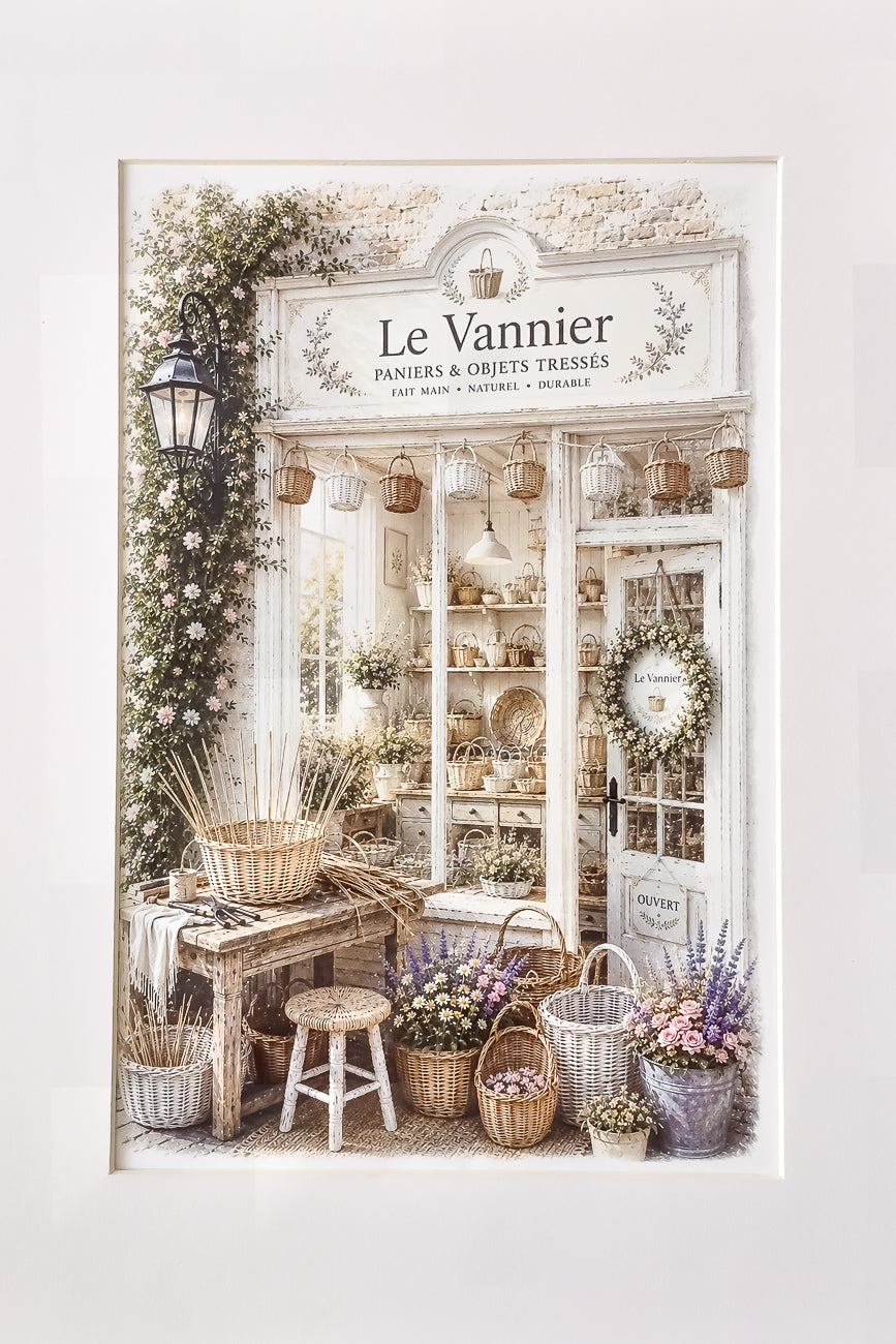 Affiche format A4 d'une vitrine d'un atelier de vannerie vue de face. Impression HD sur carton 200 g.